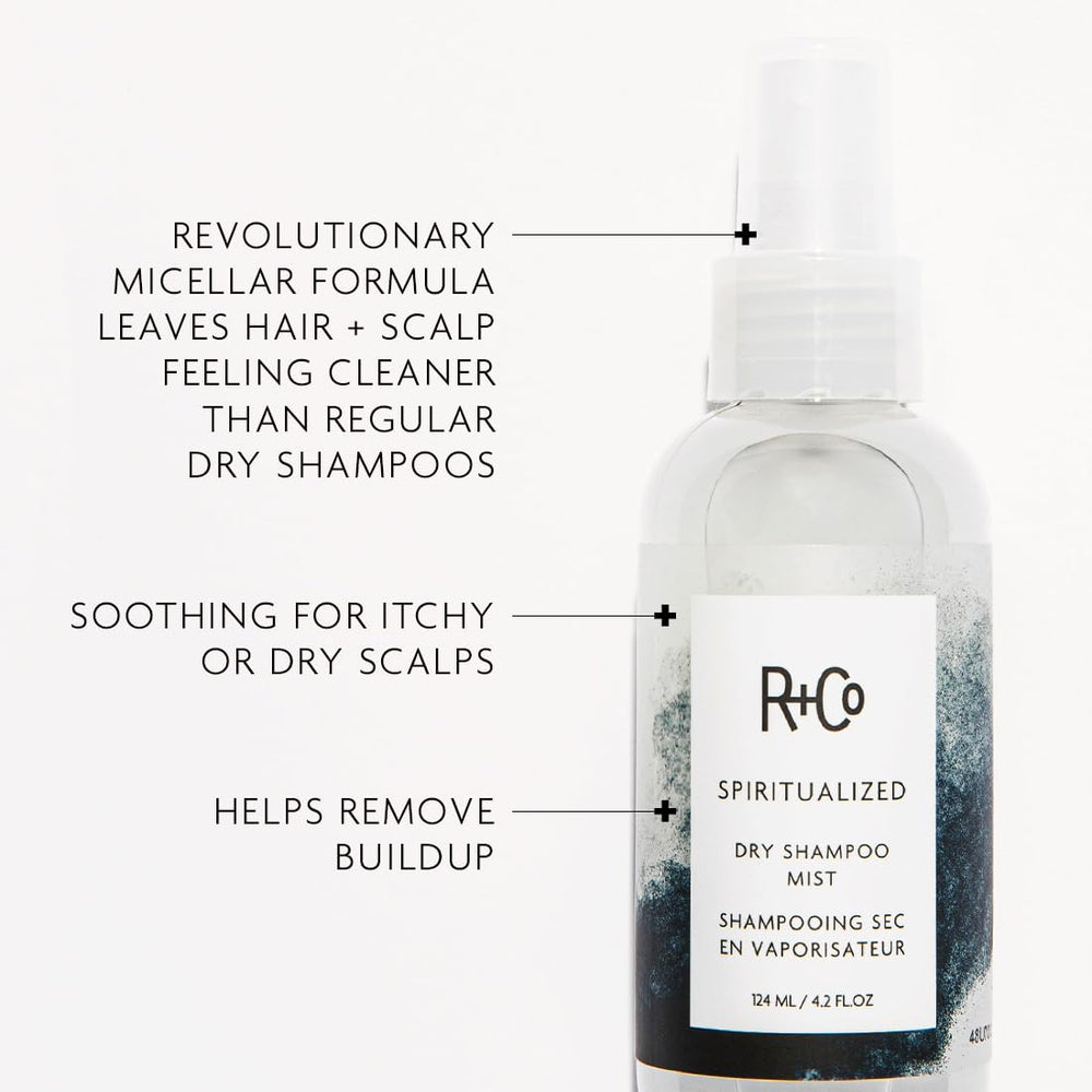 R+Co Spiritualized Dry Shampoo Mist pump dispensing near roots for instant lift.