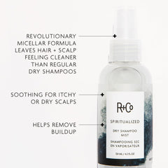 R+Co Spiritualized Dry Shampoo Mist pump dispensing near roots for instant lift.