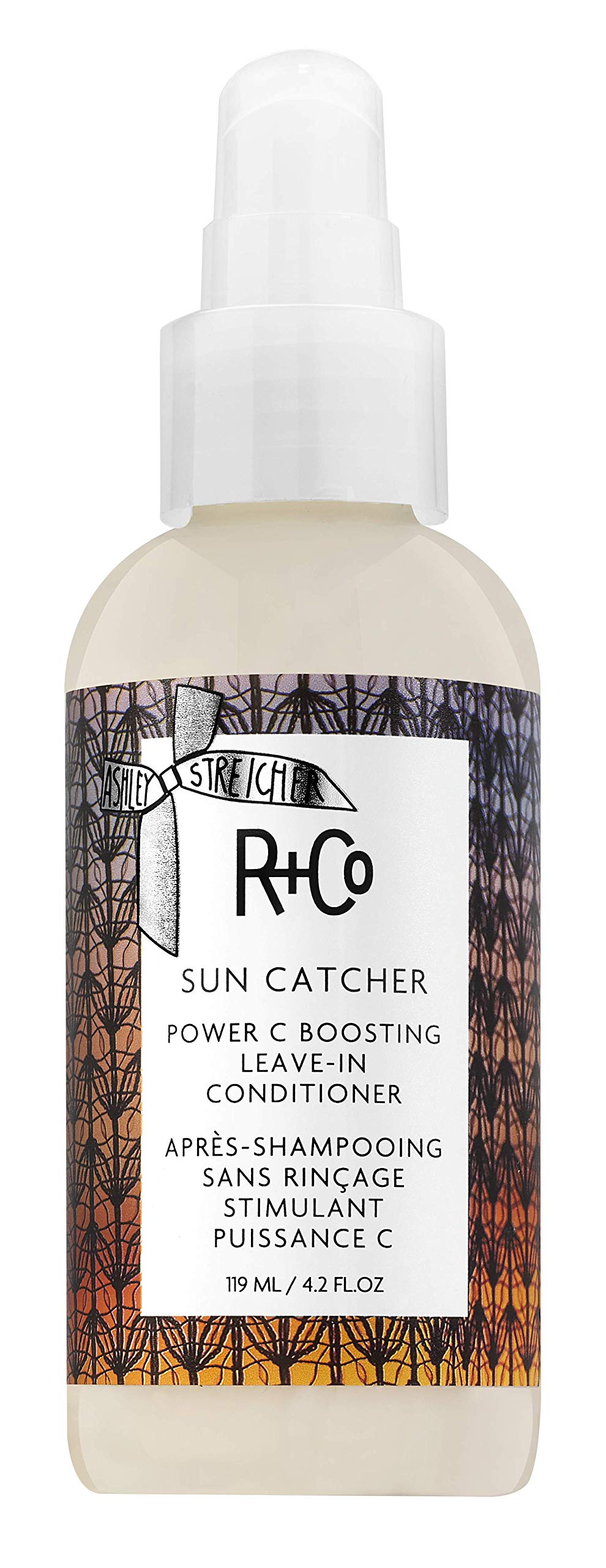 R+Co Sun Catcher Power C Leave-In bottle front promotes nourishing protection from environmental damage.