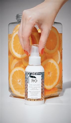 R+Co Sun Catcher Power C Leave-In damp-application shows multi-use texture on wet strands.