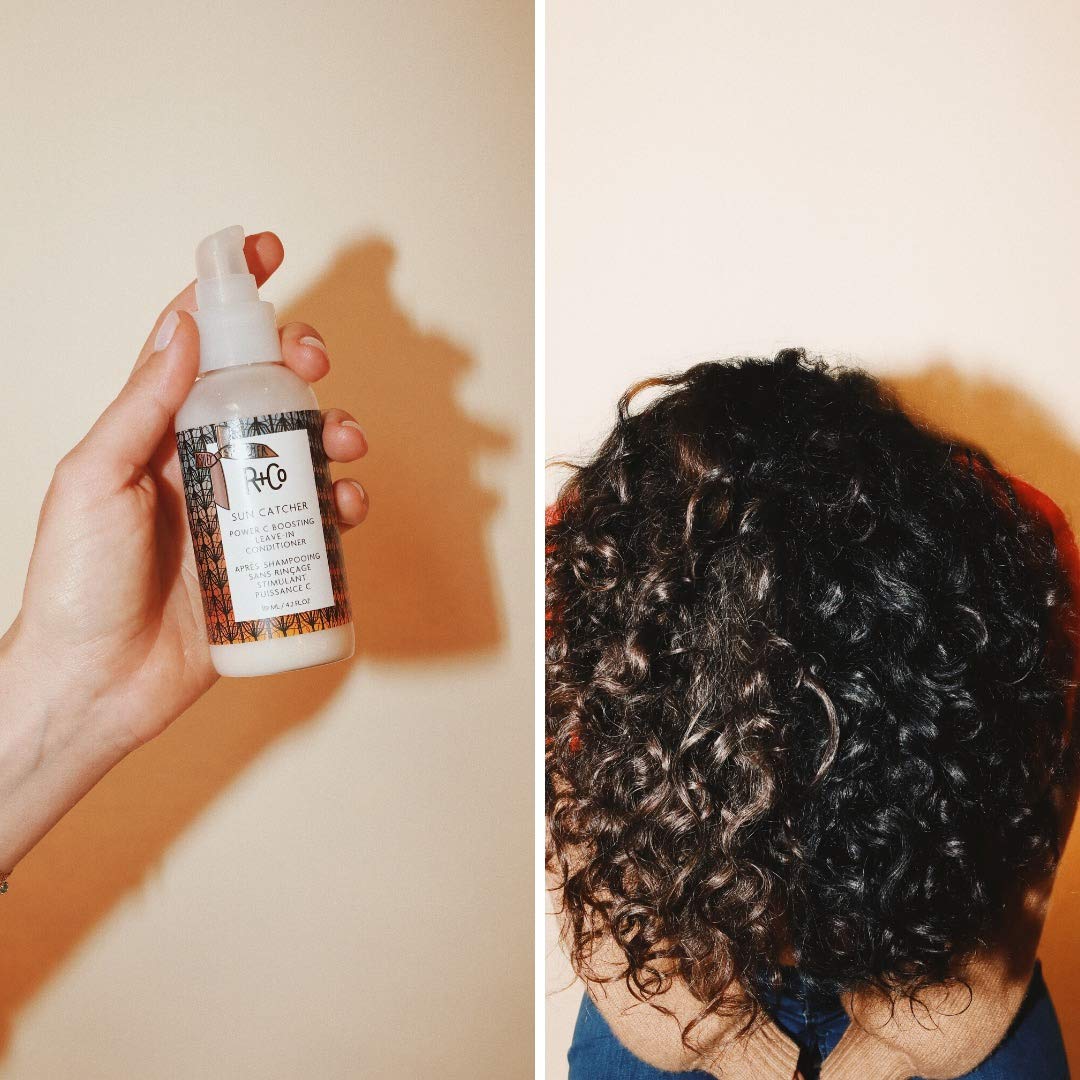 R+Co Sun Catcher Power C Leave-In smoothing hair for sleek, manageable strands.