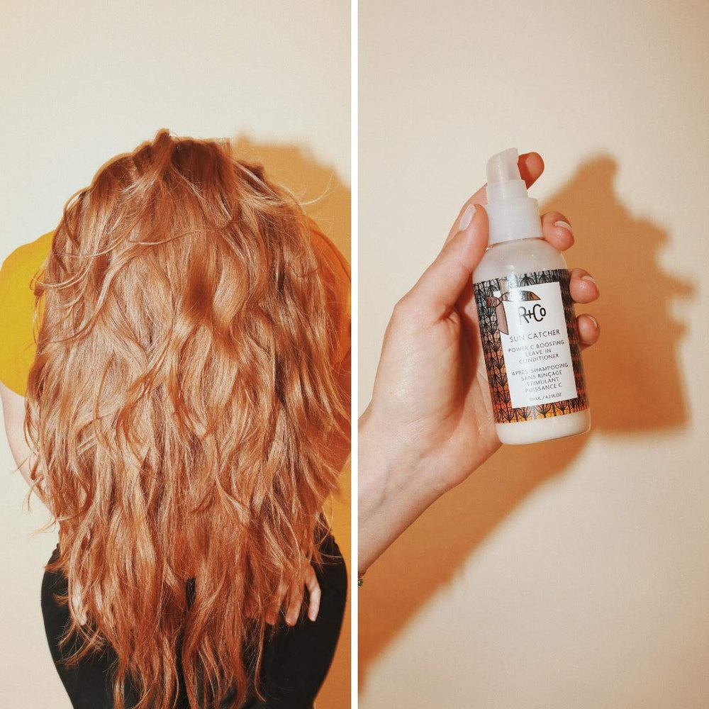 R+Co Sun Catcher Power C Leave-In close-up of detangling-friendly formula.