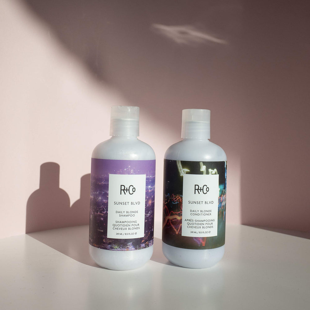 R+Co Sunset Blvd Blonde Conditioner hair shine closeup hints at radiant, brassy-free results