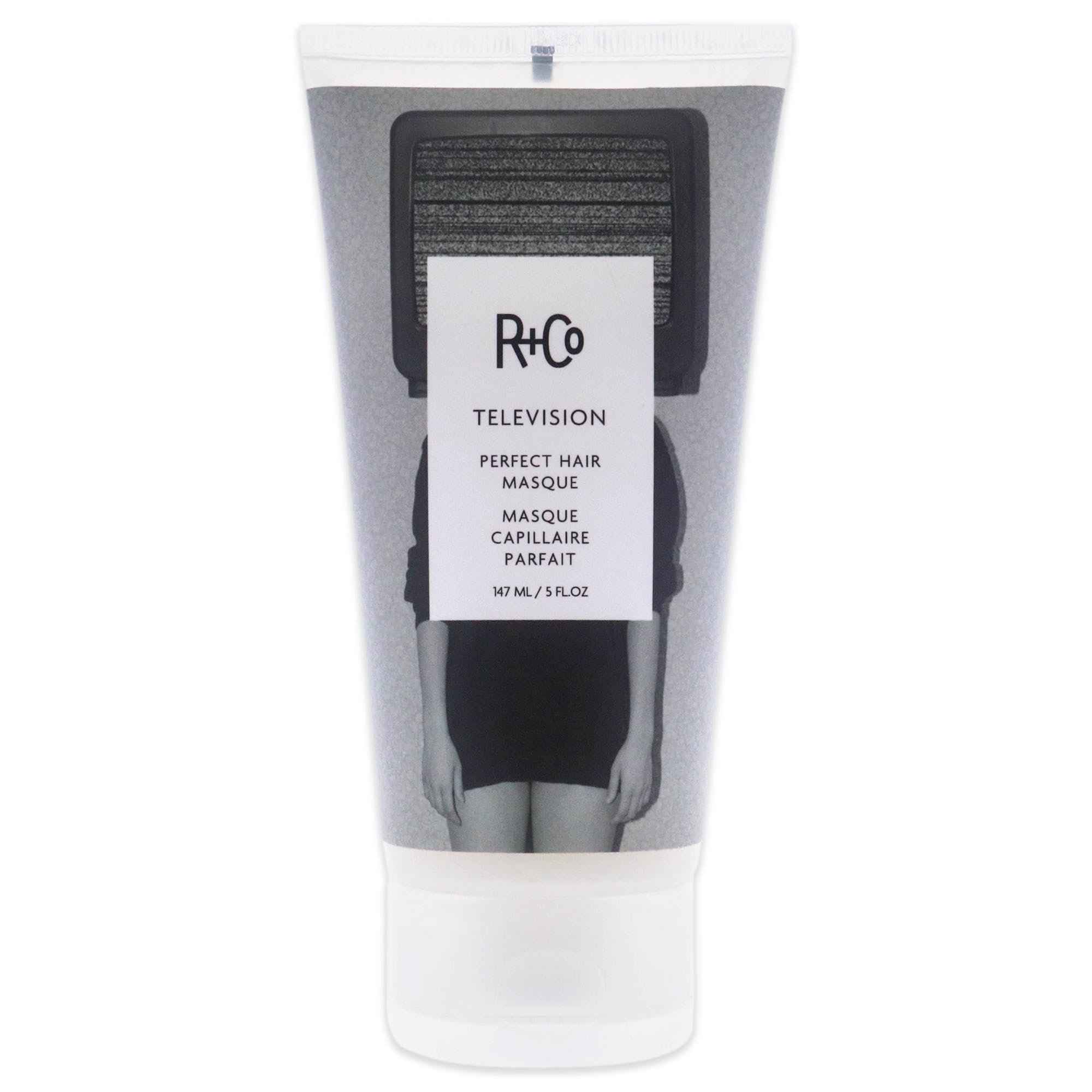 R+Co Television Perfect Hair Masque packaging highlights premium conditioning for salon results.