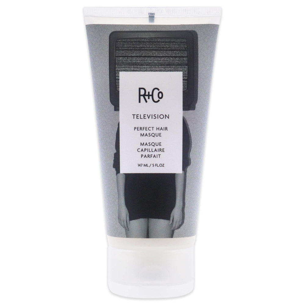 R+Co Television Perfect Hair Masque packaging highlights premium conditioning for salon results.