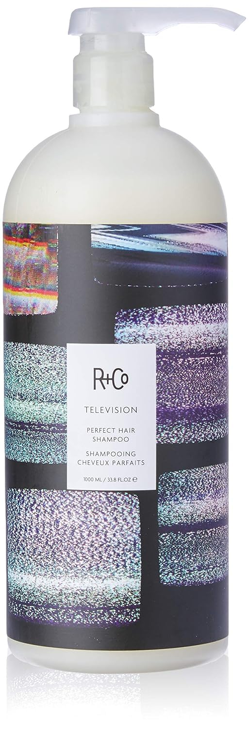 R+Co Television Perfect Hair Shampoo bottle highlights vegan formula for camera-ready shine.
