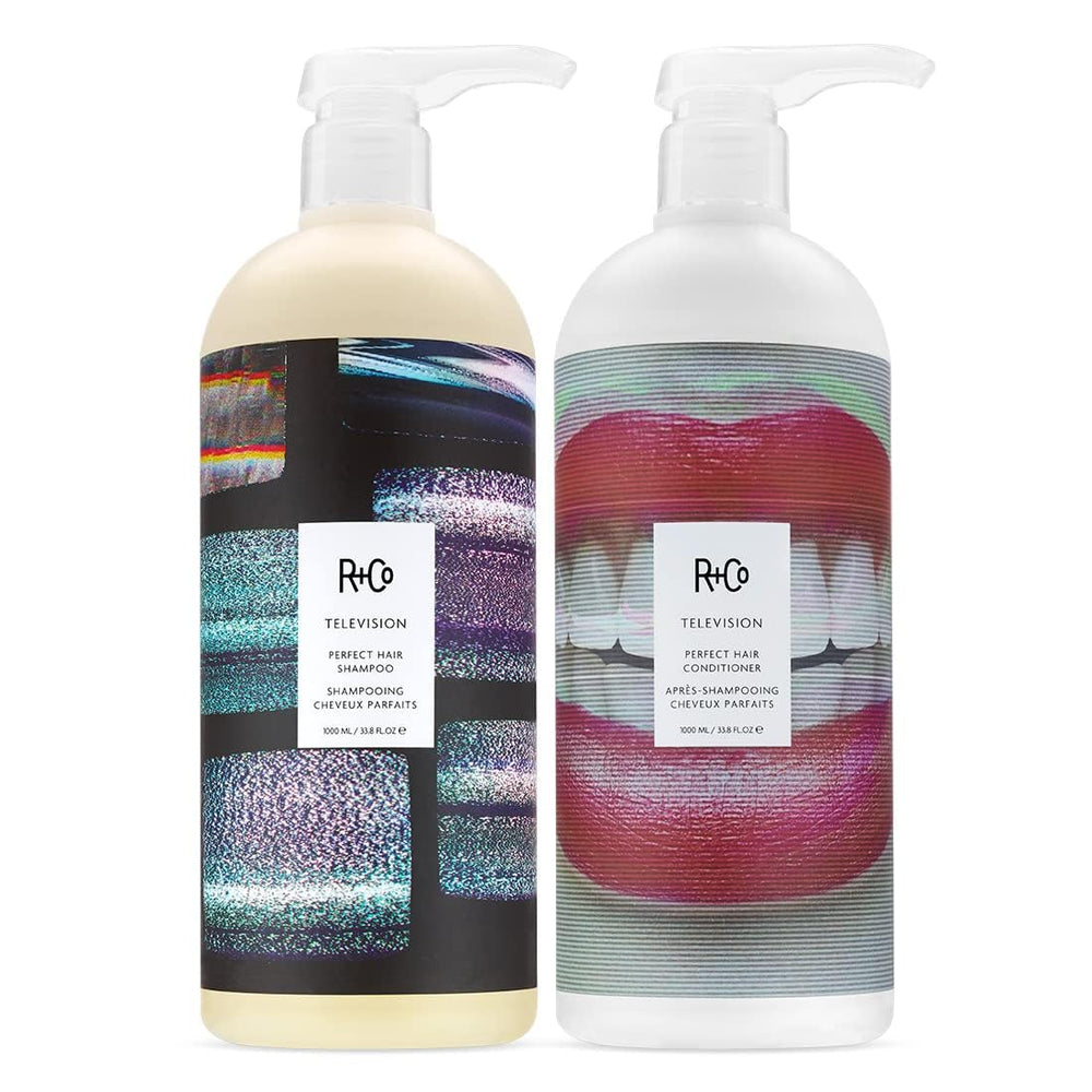 R+Co Television Perfect Hair Shampoo bottle on bathroom shelf showing smoothing and shine.