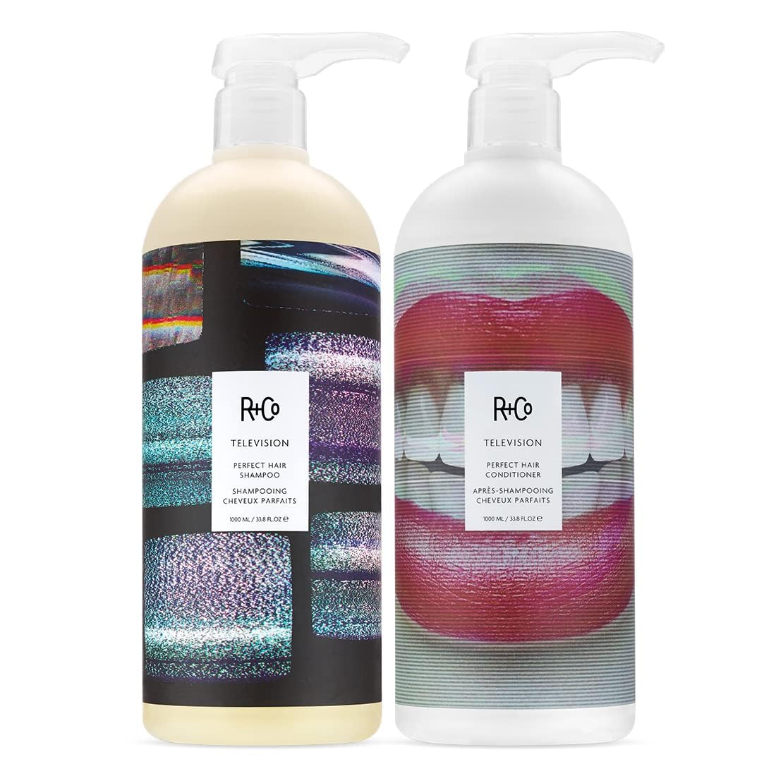 R+Co Television Perfect Hair Shampoo bottle on bathroom shelf showing smoothing and shine.