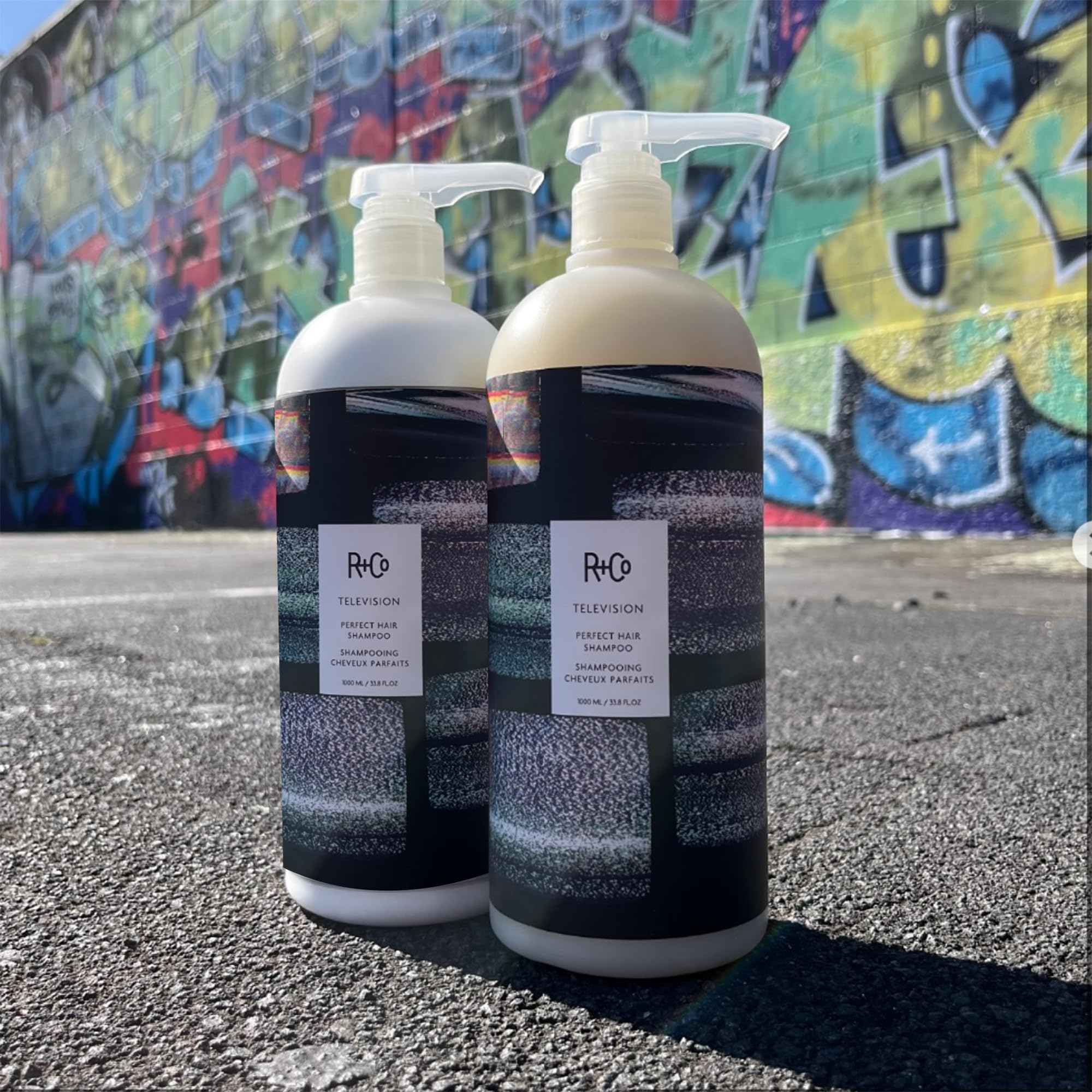 R+Co Television Perfect Hair Shampoo camera-ready hair lifestyle shot implies salon-grade results.