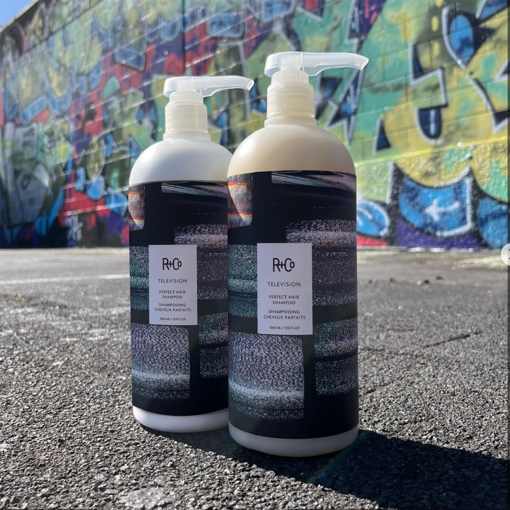 R+Co Television Perfect Hair Shampoo camera-ready hair lifestyle shot implies salon-grade results.