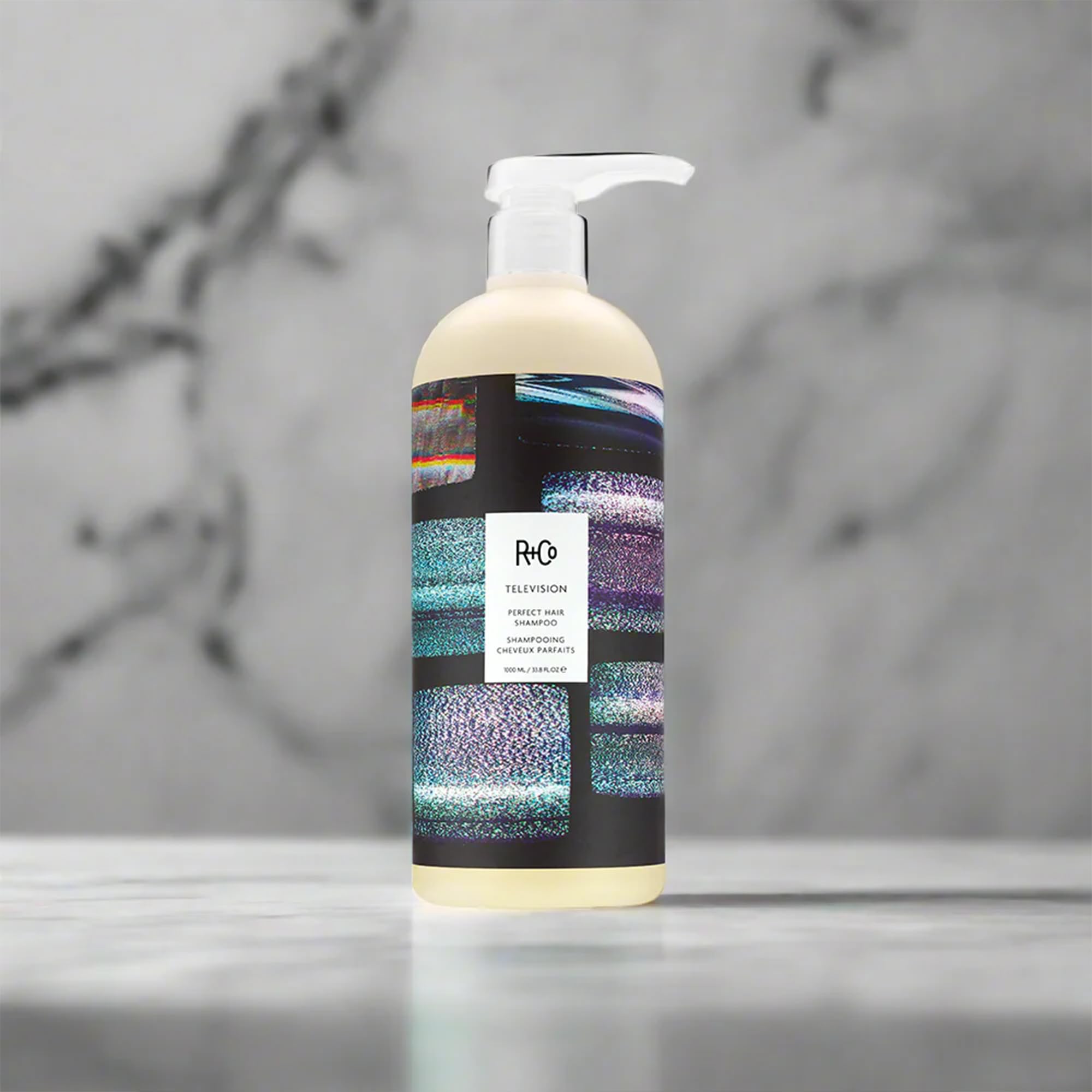 R+Co Television Perfect Hair Shampoo ingredients graphic emphasizes vegan, cruelty-free ethics.