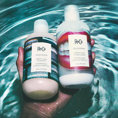 R+Co Television shampoo pour captured for a salon-like cleansing ritual