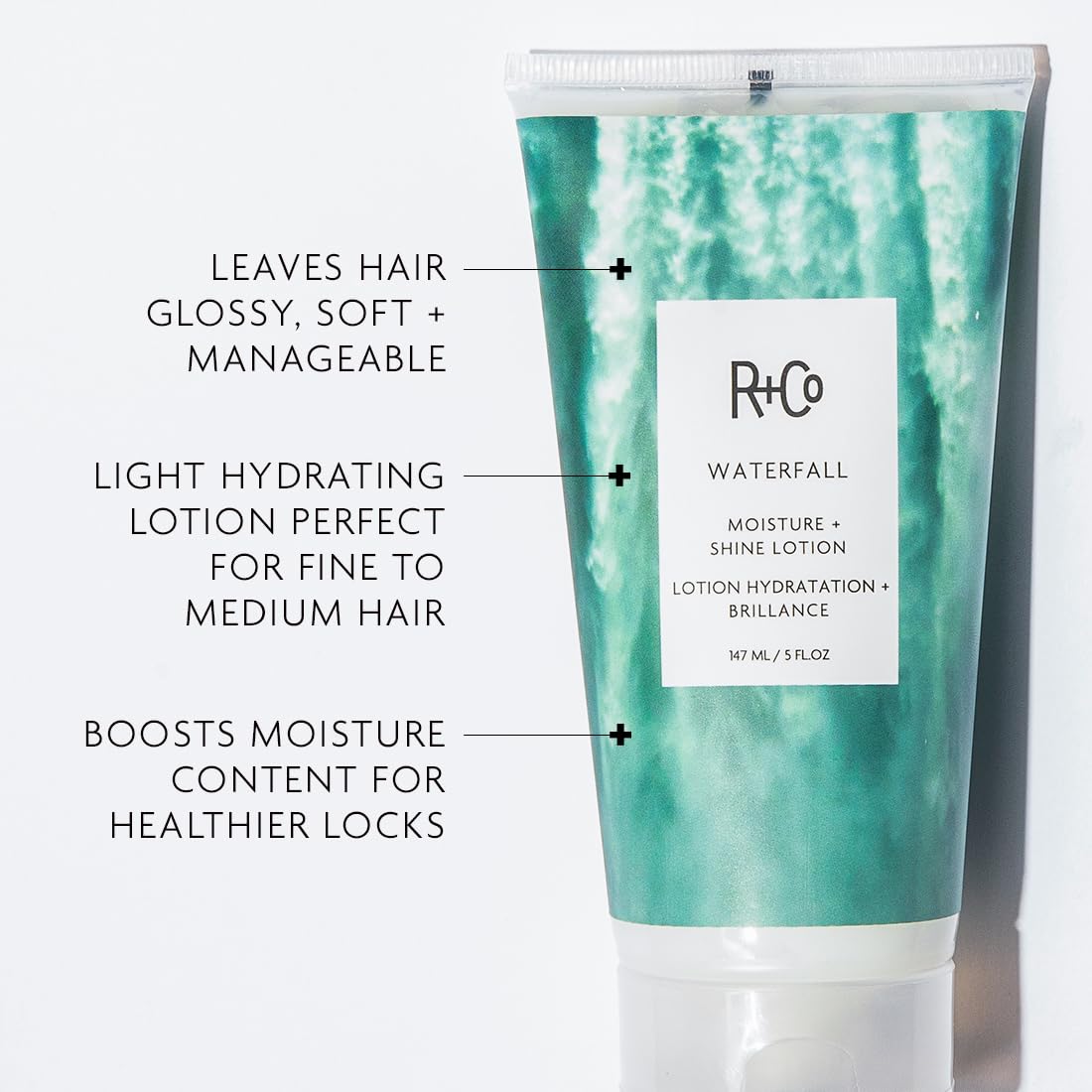 R+Co Waterfall lotion back label notes vegan, cruelty-free formula for glossy hair