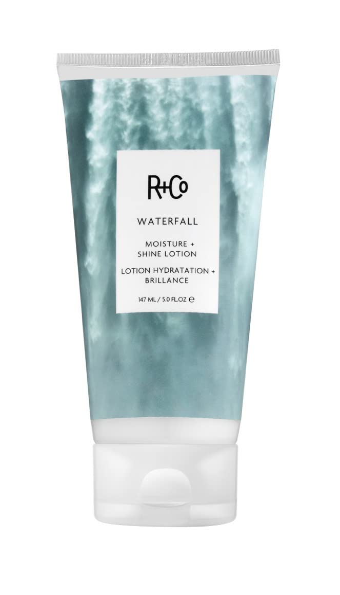 R+Co Waterfall lotion bottle front for lightweight hydration on fine hair