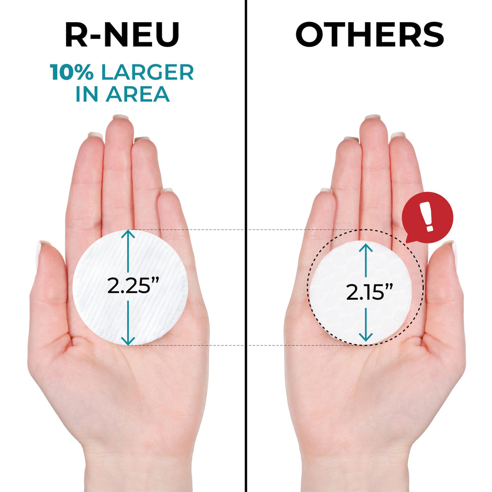 R-NEU Premium cotton rounds waffle texture close-up for gentle cleansing.