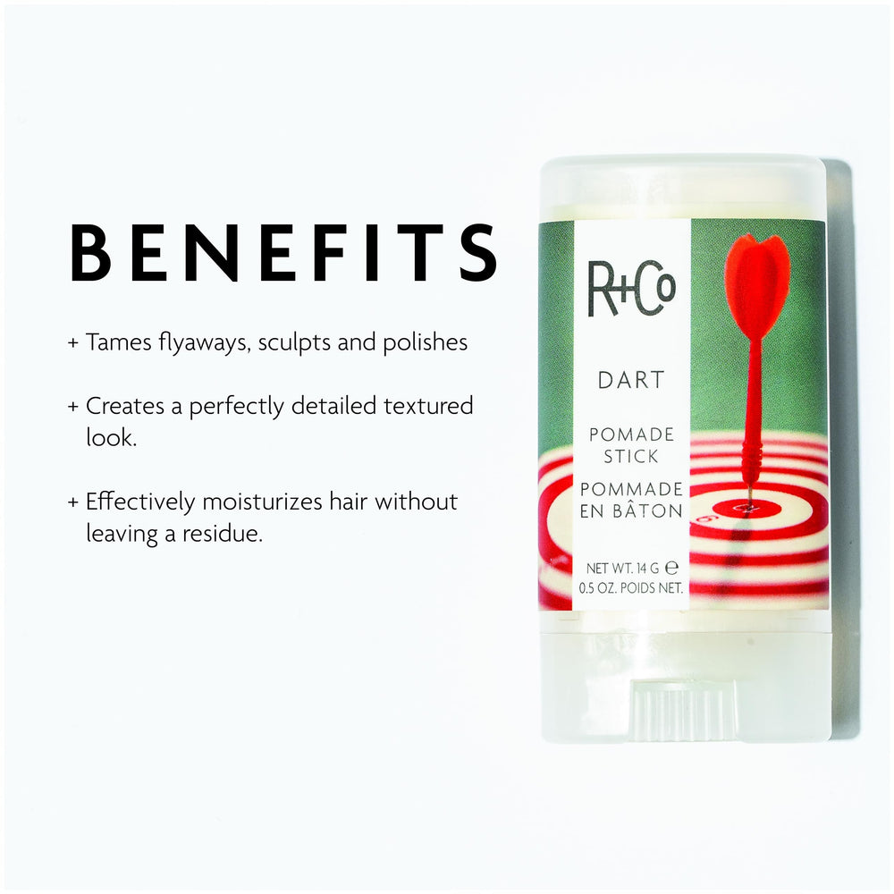 R+Co DART Hair Wax Stick texture close-up reveals natural definition.