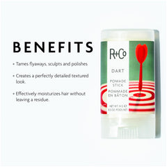 R+Co DART Hair Wax Stick texture close-up reveals natural definition.