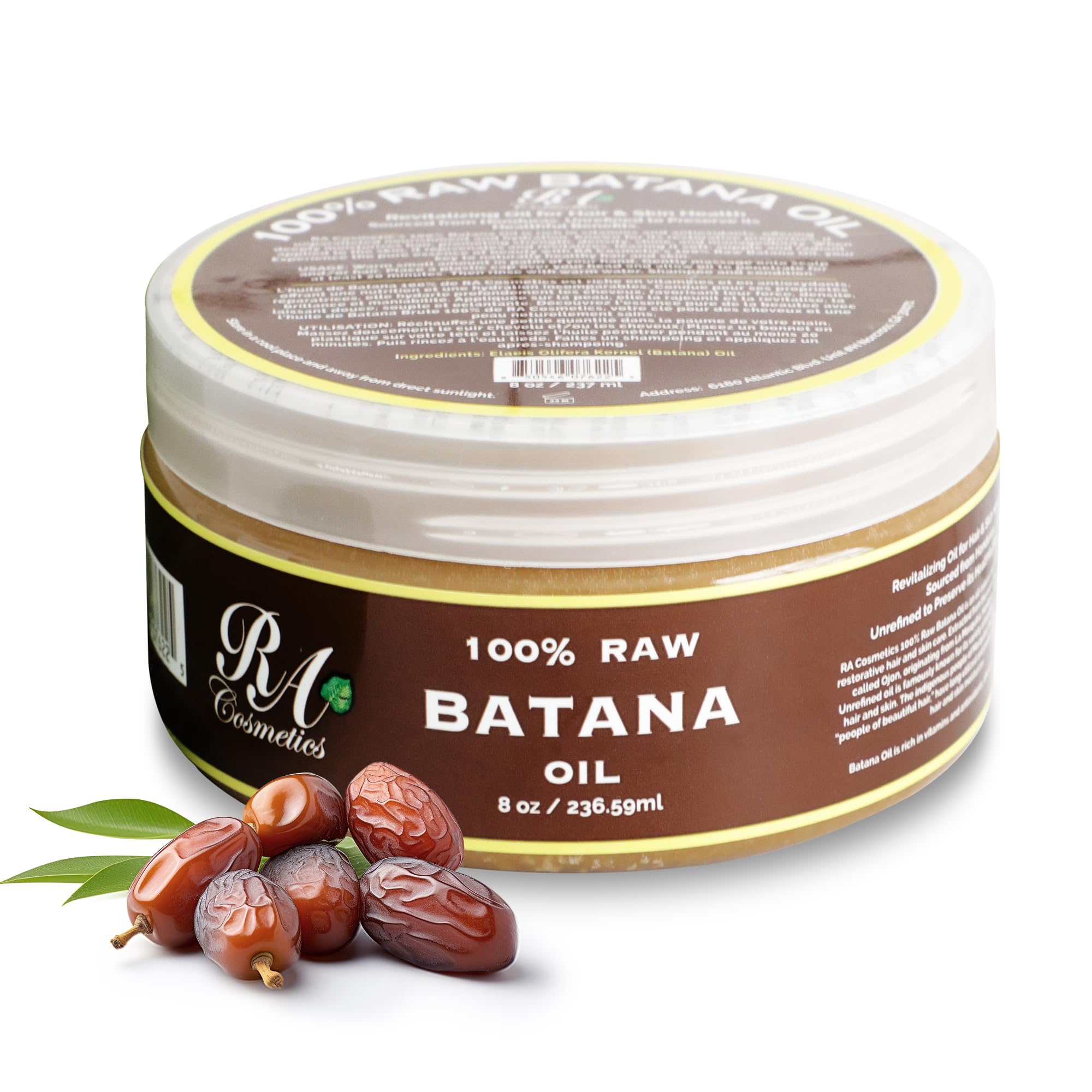 RA COSMETICS Batana Oil bottle closeup shows pure nourishment for healthier hair.