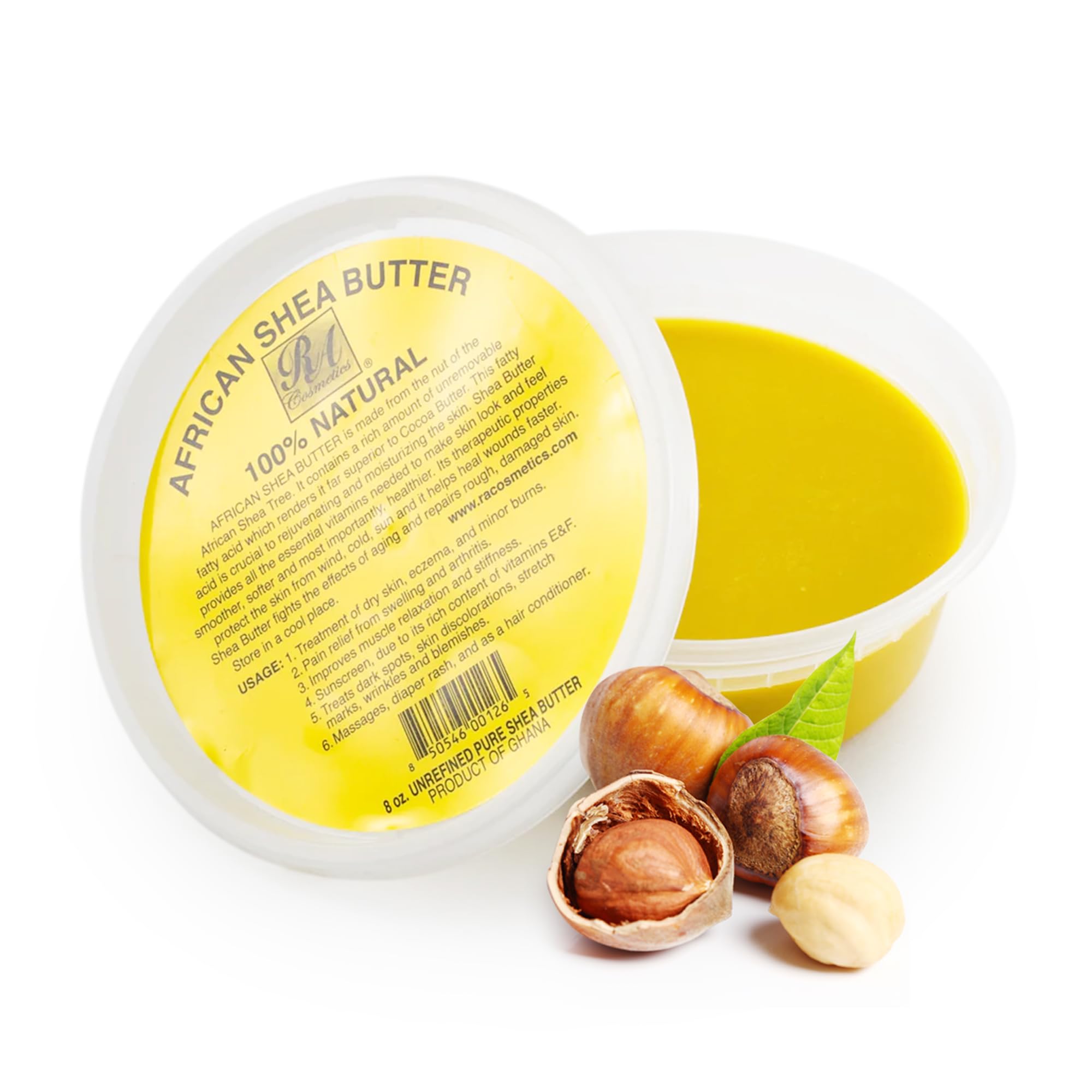 RA COSMETICS manteca de karité amarilla en tarro, hidratación profunda para piel y cabello.