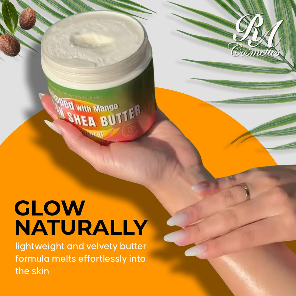 RA COSMETICS whipped shea butter mango application demo shows soothing hand massage.