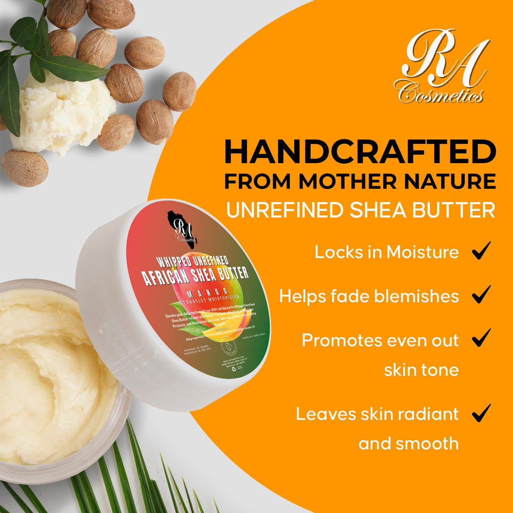 RA COSMETICS whipped shea butter mango cap closeup reveals lush texture for daily moisture.
