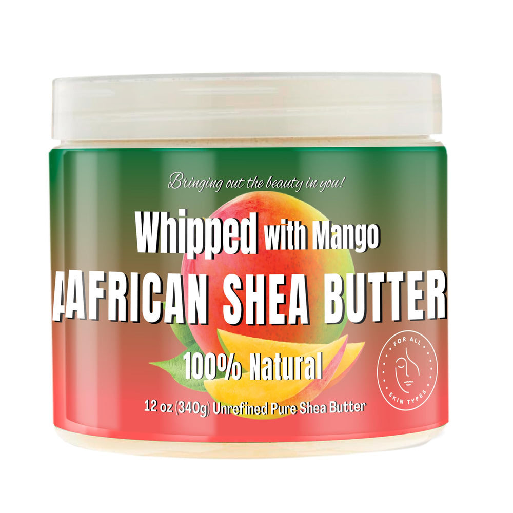RA COSMETICS whipped shea butter mango jar front view promotes radiant skin and soft hair.