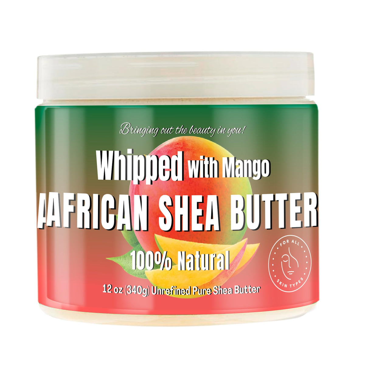 RA COSMETICS whipped shea butter mango jar front view promotes radiant skin and soft hair.