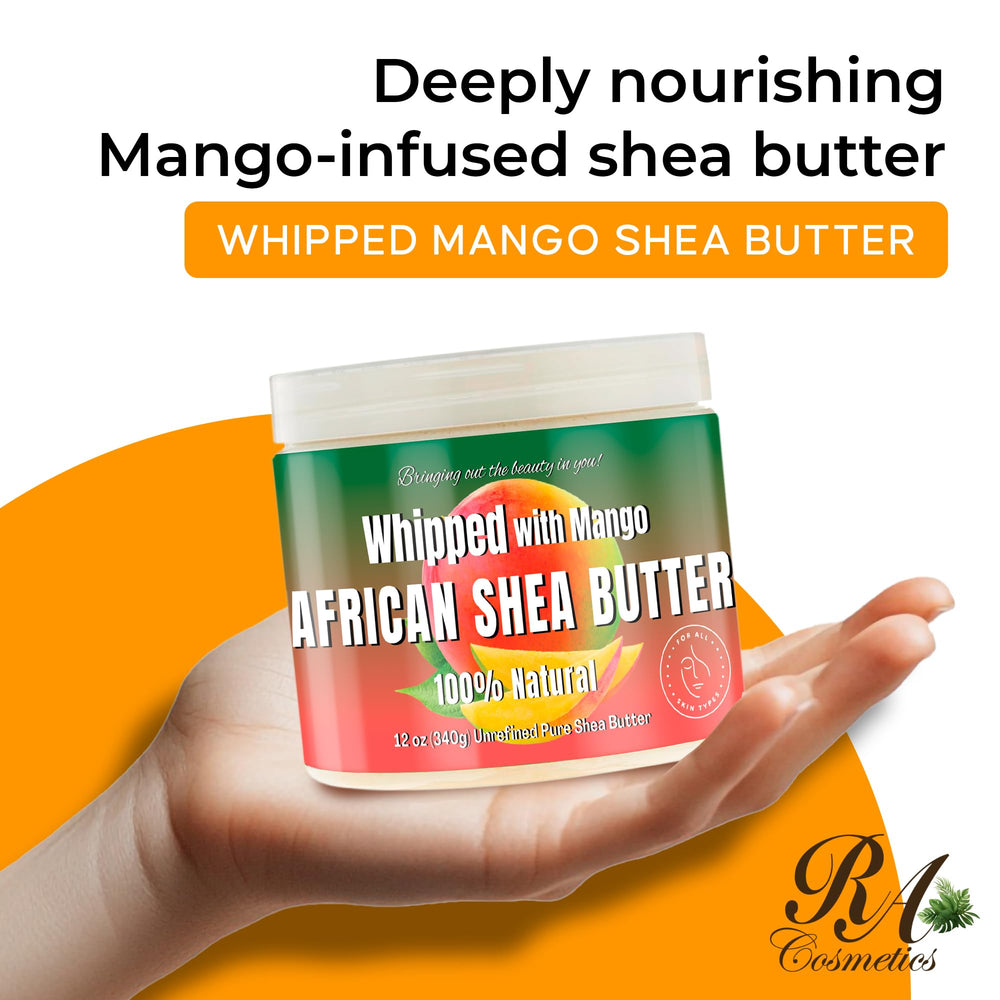 RA COSMETICS whipped shea butter mango jar side view nourishes dry skin and hair ends.
