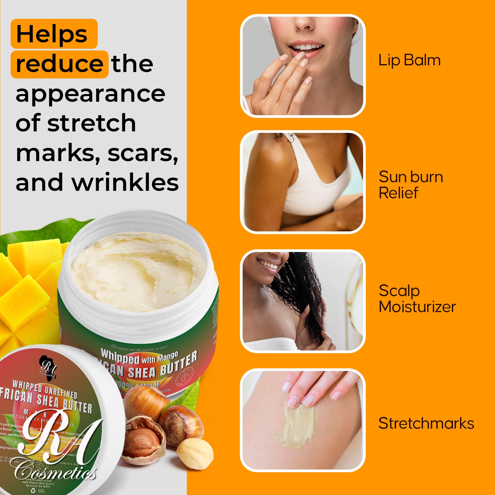 RA COSMETICS whipped shea butter mango packaging conveys natural, unrefined goodness.