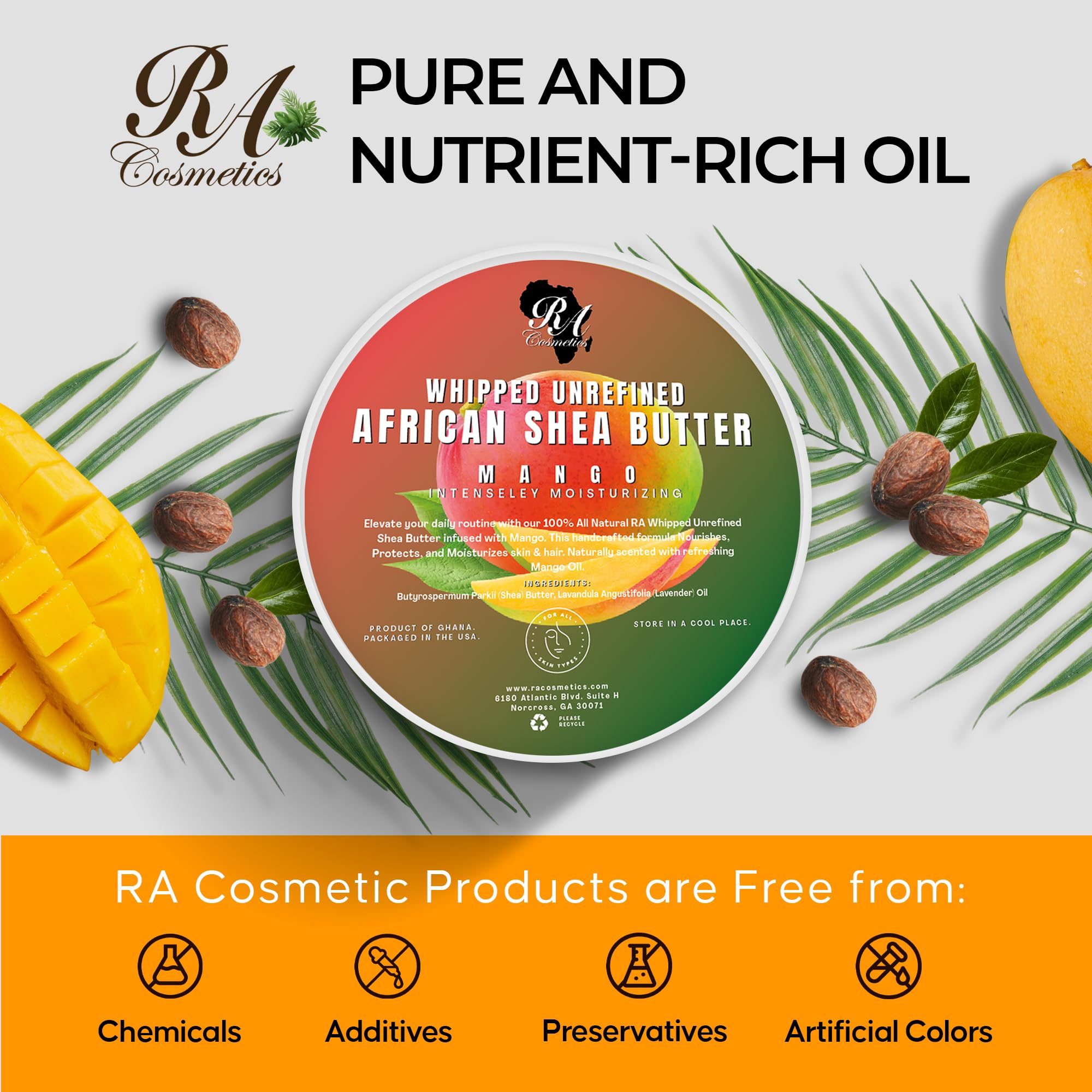 RA COSMETICS whipped shea butter mango vitamins graphic highlights skin and hair nutrients.