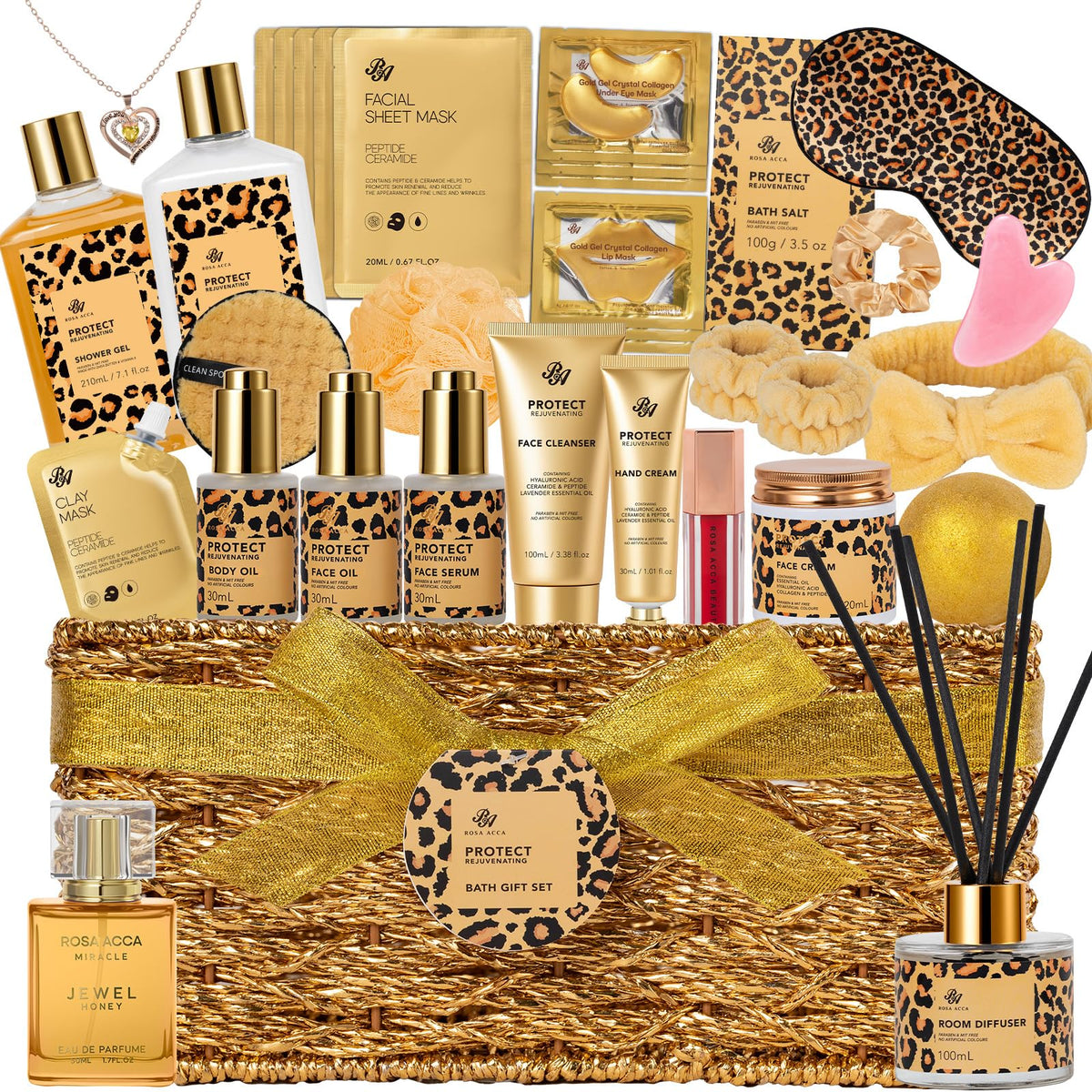 RA ROSA ACCA 35-pcs gift basket front view showcases spa essentials for a luxurious self-care moment.