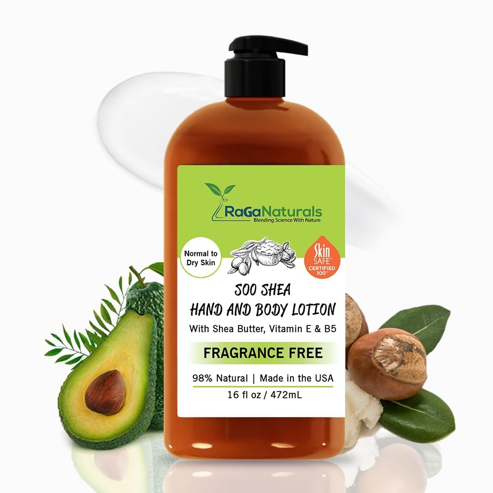 RaGaNaturals unscented body lotion bottle front view for dry skin hydration.