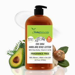 RaGaNaturals unscented body lotion bottle front view for dry skin hydration.