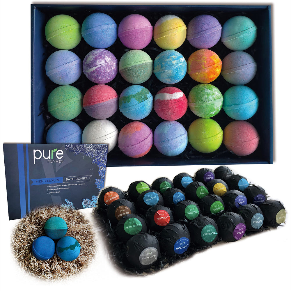 Rachelle Parker men's bath bombs gift set box front delivers premium spa gifting experience