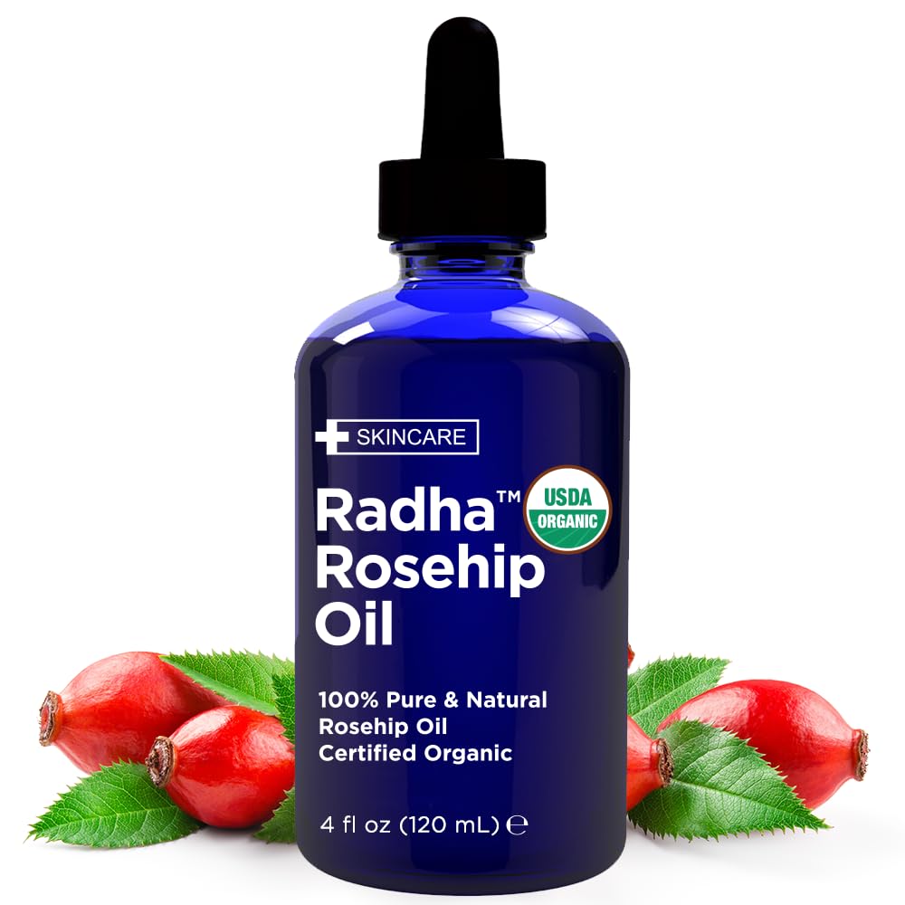 Radha Beauty Rosehip Seed Oil bottle ready to nourish face and hair.