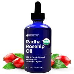 Radha Beauty Rosehip Seed Oil bottle ready to nourish face and hair.