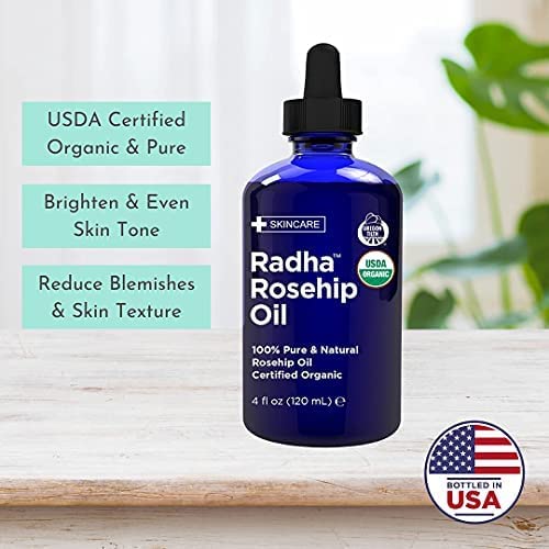 Radha Beauty Rosehip Seed Oil on face aids gentle hydration.