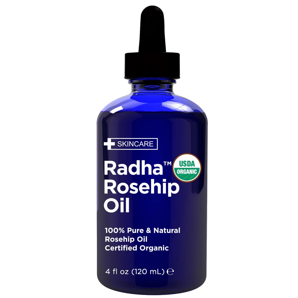 Radha Beauty Rosehip Seed Oil packaging emphasizes purity and ethical sourcing.