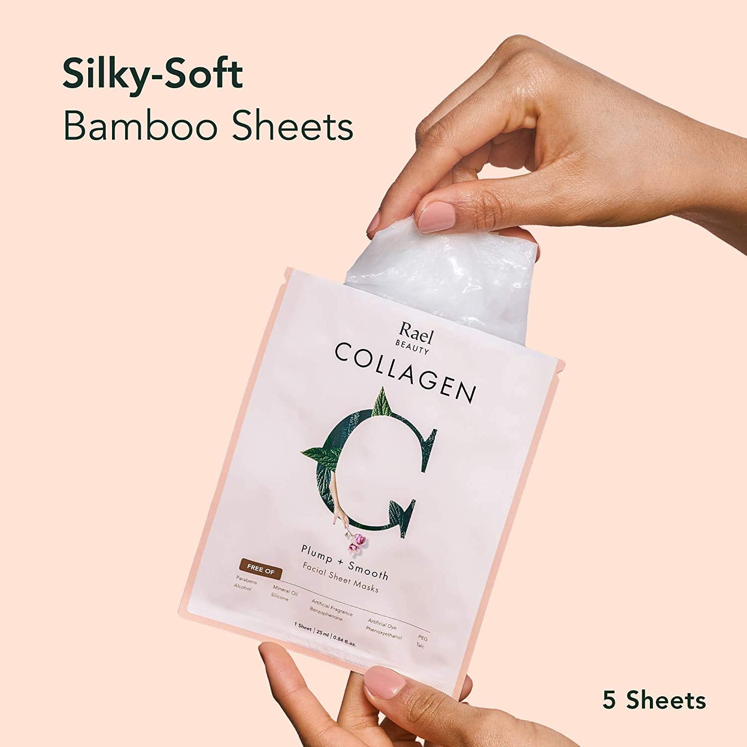 Rael bamboo sheet mask close-up shows silky texture delivering soothing moisture.