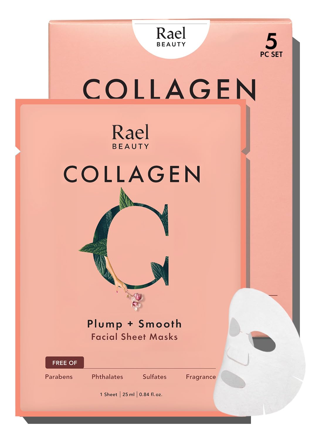 Rael collagen face mask pack open reveals rich serum for deep hydration and plump skin.