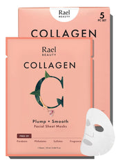 Rael collagen face mask pack open reveals rich serum for deep hydration and plump skin.
