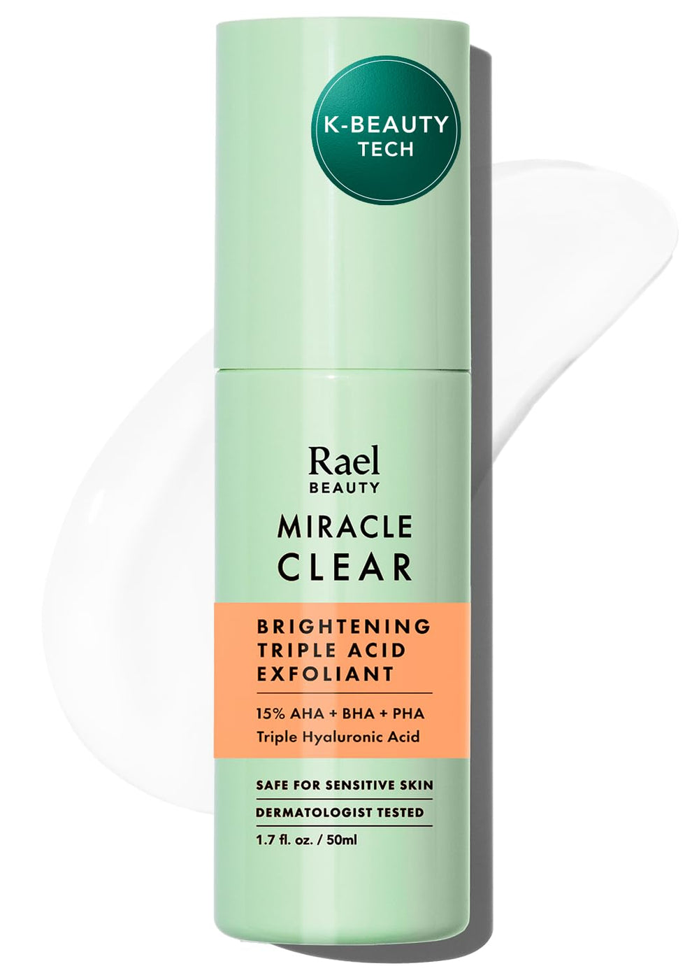 Rael Miracle Clear bottle shows triple-acid blend for radiant, smooth skin