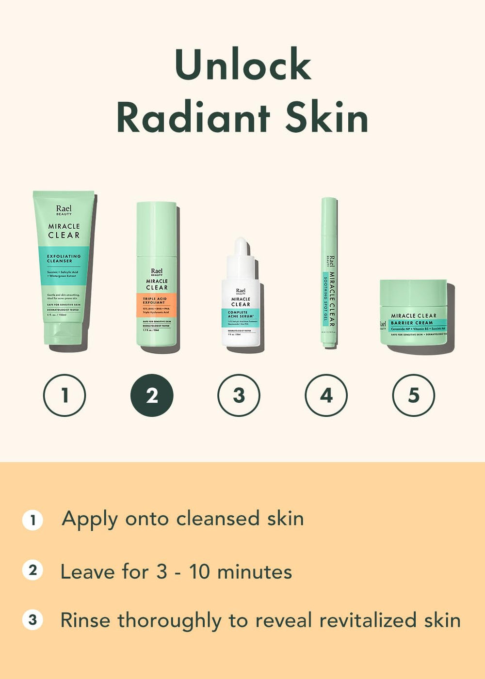 Rael Miracle Clear triple-acid blend shown for gentle exfoliation and smoother surface