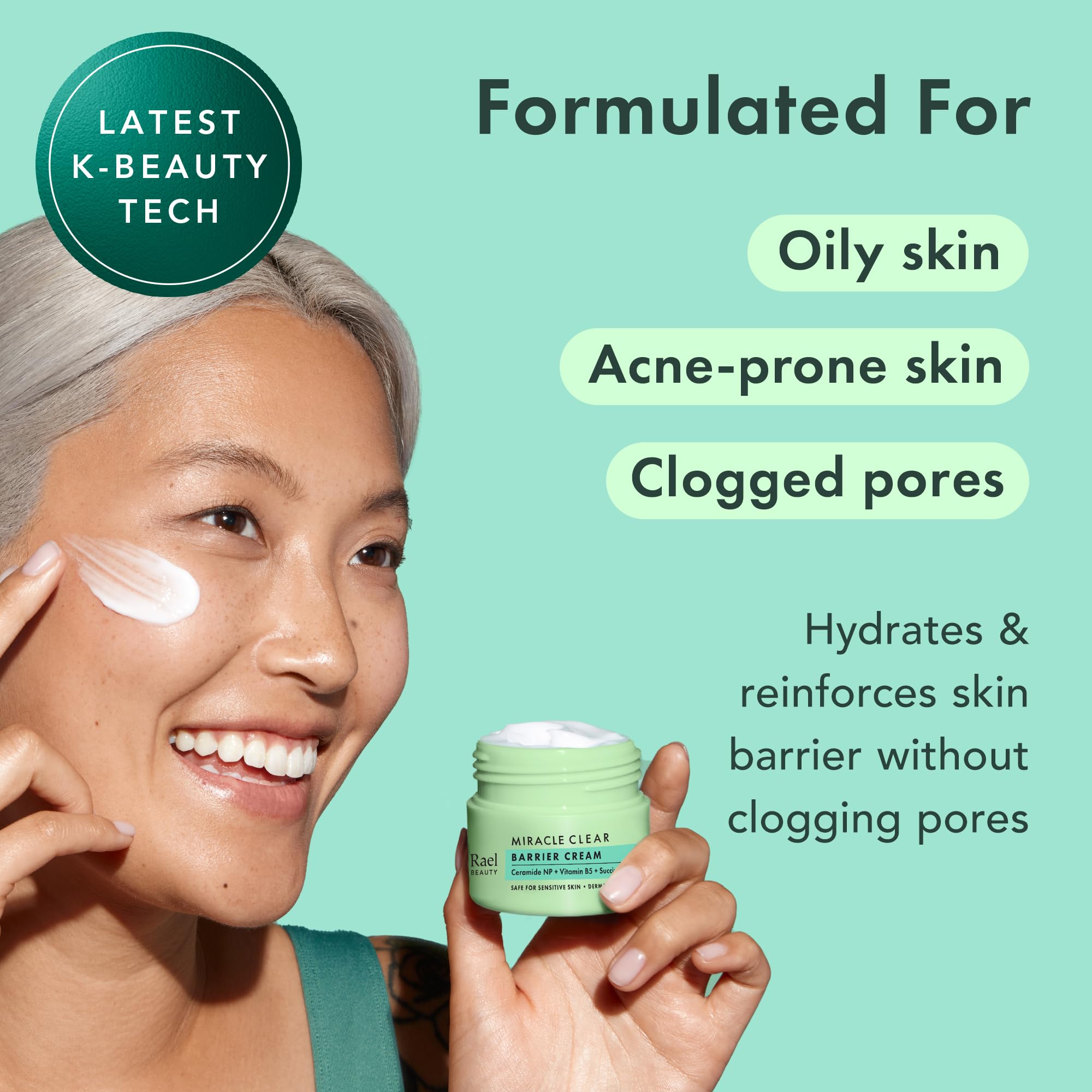 Rael Face Moisturizer application preview with fingers massaging cream into skin for hydration.