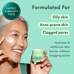 Rael Face Moisturizer application preview with fingers massaging cream into skin for hydration.