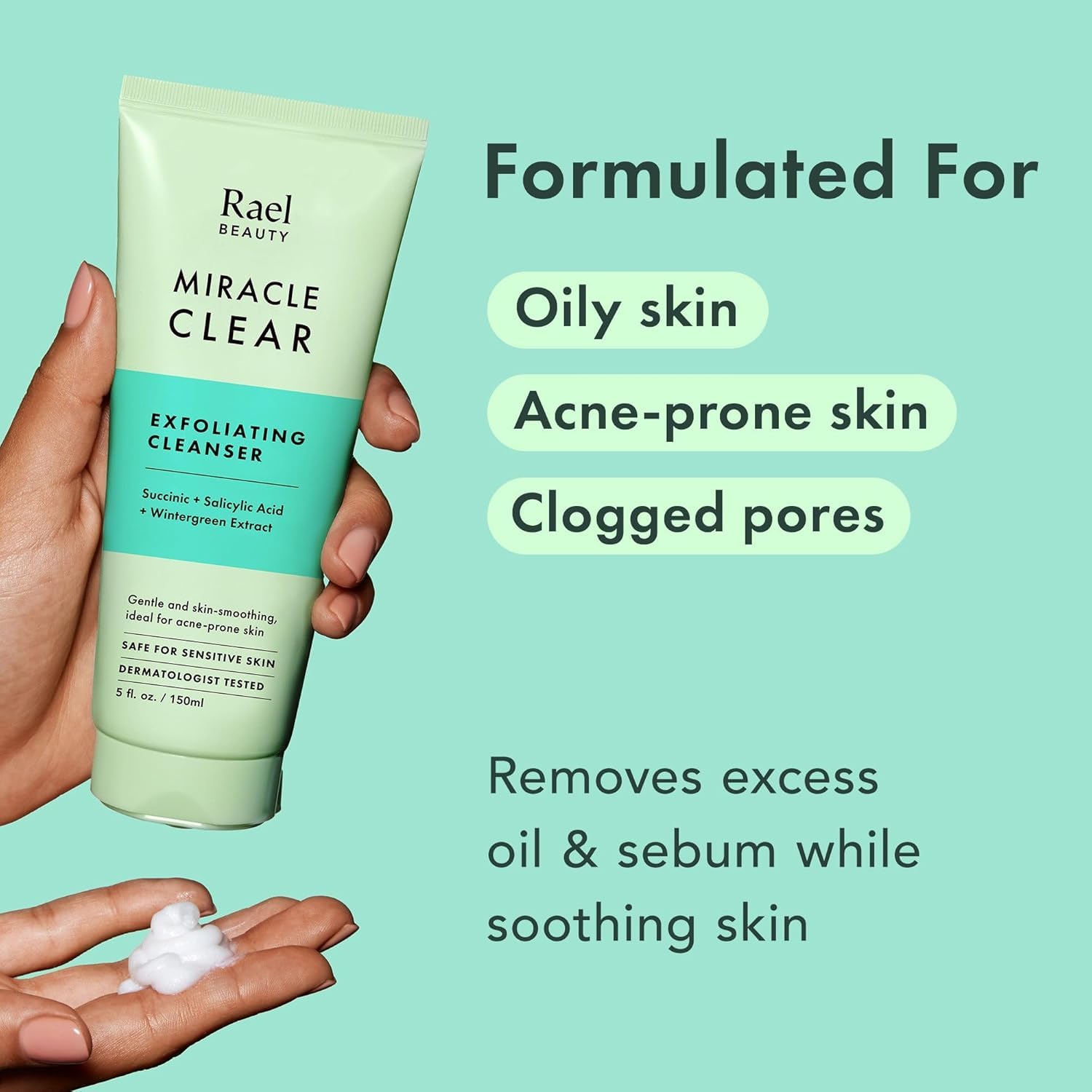 Rael Miracle Clear pump-dispense closeup for gentle, controlled cleansing of the face
