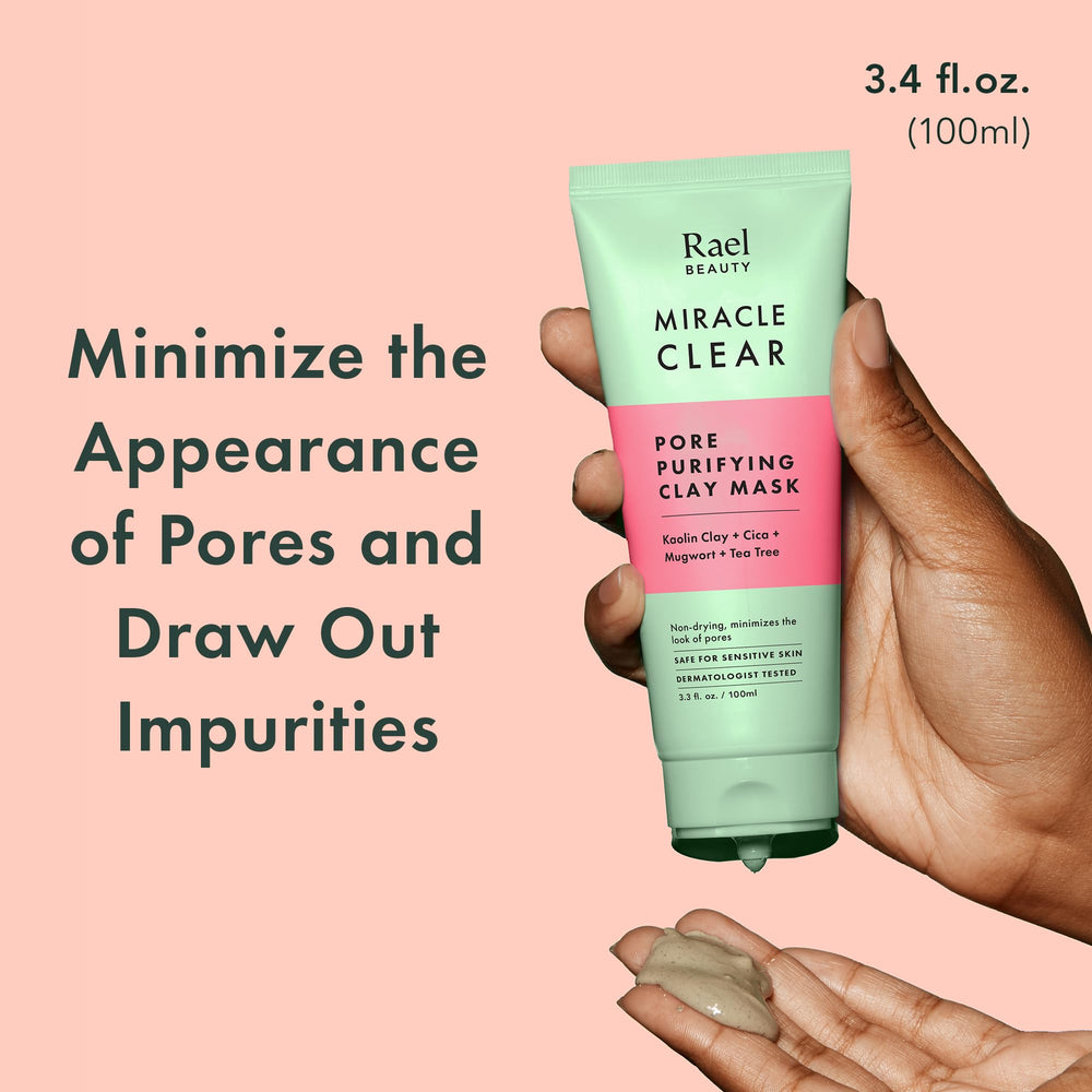 Rael Miracle Clear Clay Mask tea tree leaves close-up conveys refreshing cleanse