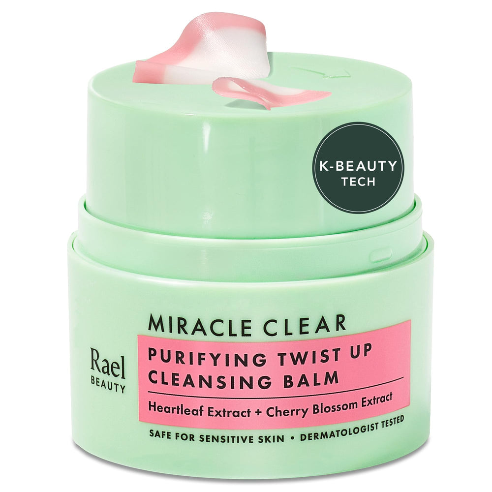 Rael Miracle Clear cleansing balm twist-up pump shows mess-free makeup removal.