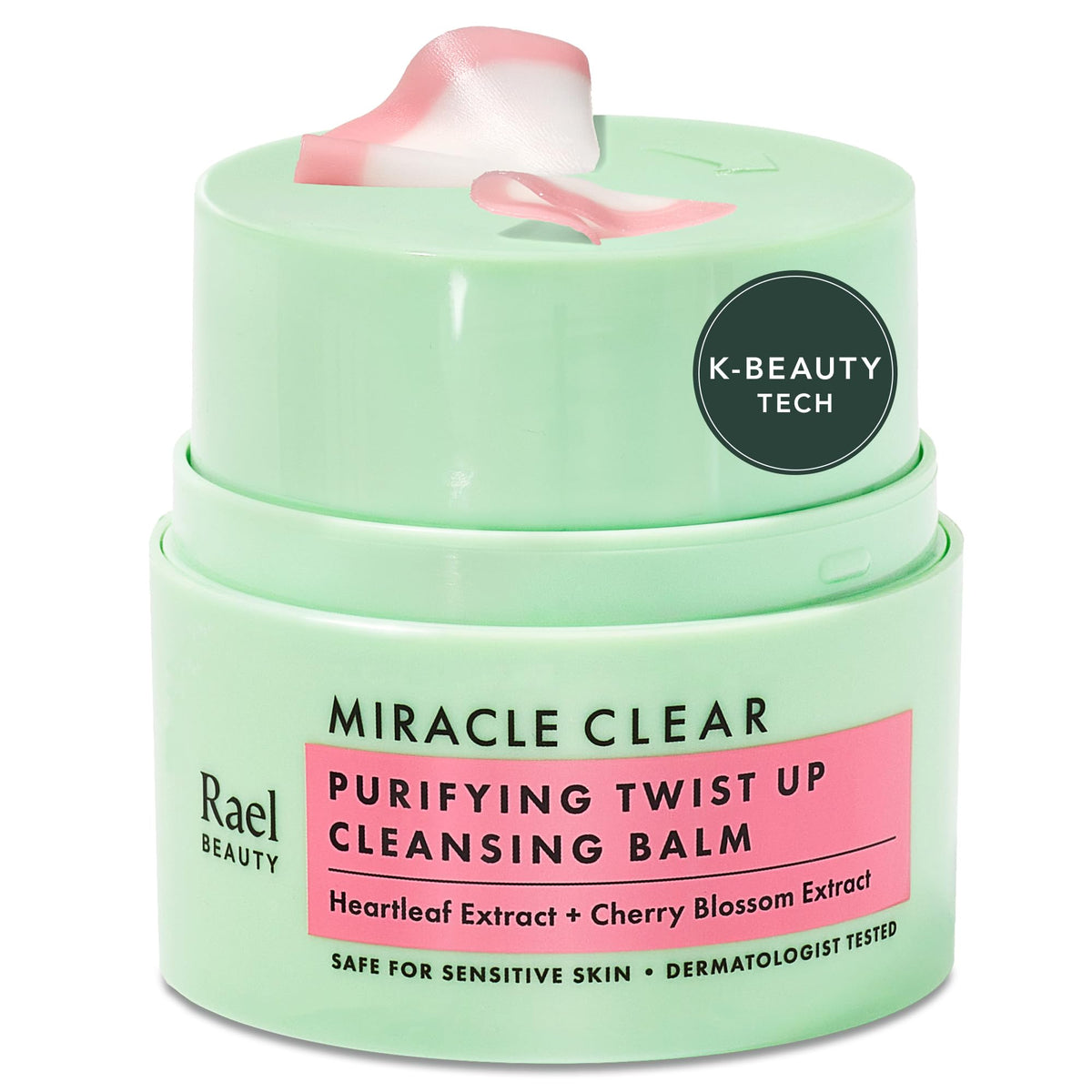 Rael Miracle Clear cleansing balm twist-up pump shows mess-free makeup removal.