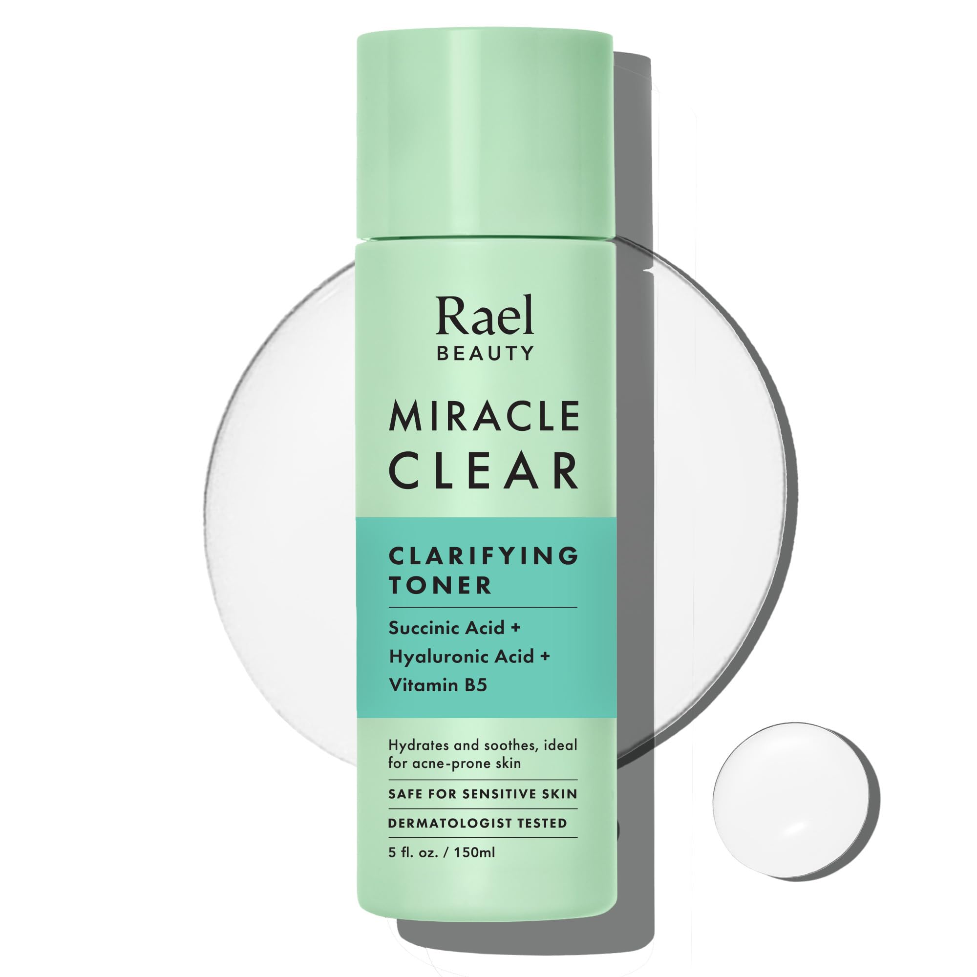 Rael Miracle Clear Toner bottle closeup for balanced skin and daily blemish-prone care.